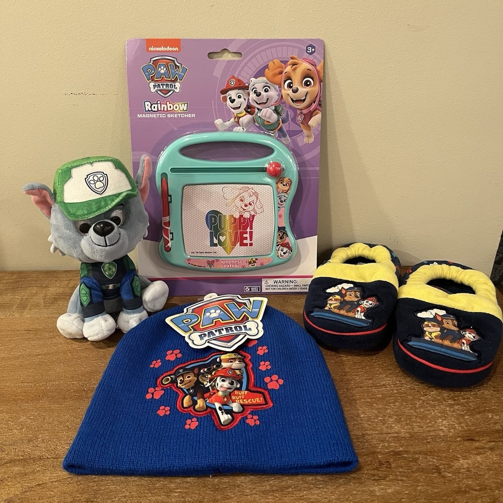 Paw Patrol Lot of 4: Rocky Plush + NEW Magic Sketcher + NWT Knit Hat + Slippers